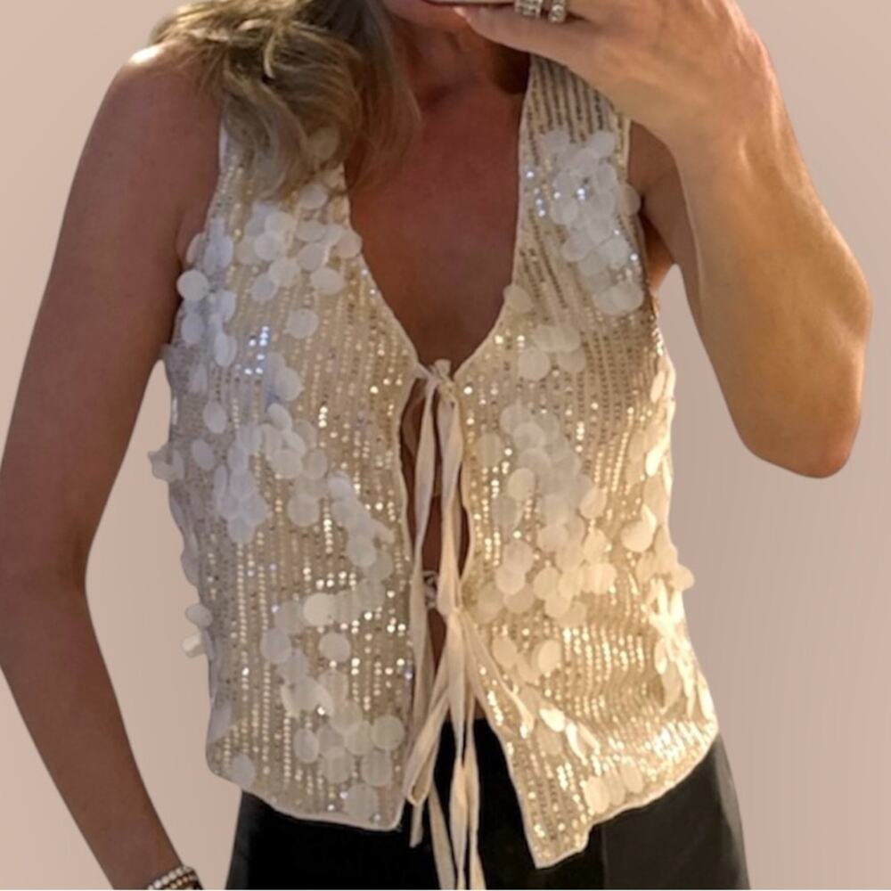Vintage Y2K Cream Beaded Paillette Sequin Reversible Boho Tie Top